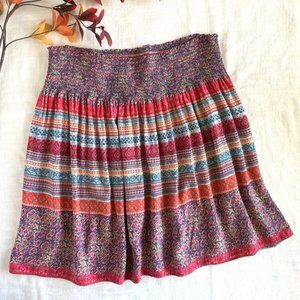Boho Red Blue Multi-Colored Gypsy Hippie Stretchy Waist Mini Skirt Size L